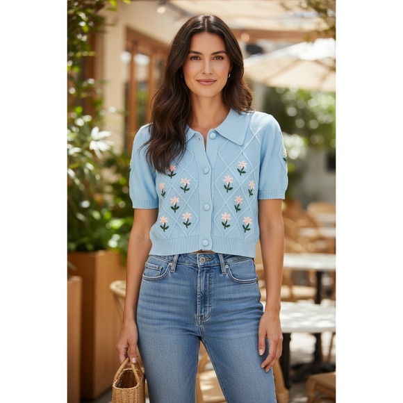 Cider Sweaters - Cider Blue Floral Embroidered Short Sleeve Knit Cropped Cardigan Polo Top XL